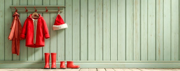 Santa outfit hanging neatly in cozy pastel holiday home interior