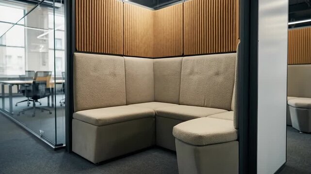 Modern office lounge booths with soft upholstery and wooden accents.