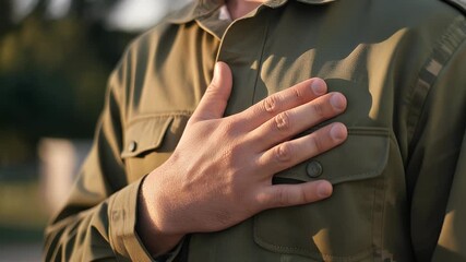Man in green military shirt placing hand over heart chest, gesture of patriotism loyalty and honesty, outdoor sunset lighting closeup.