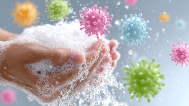 Clean hands with soap wash away germs in a colorful, animated display of viruses and bacteria