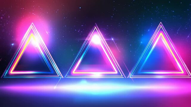 Abstract futuristic background featuring a trio of glowing pink and blue neon triangles on a reflective stage under a cosmic sky