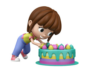 Cheerful young child leaning toward birthday cake candles.