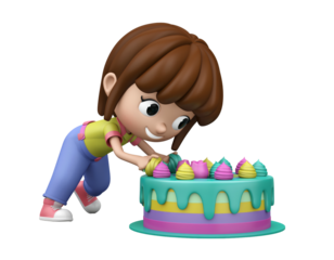 Cheerful young child leaning toward birthday cake candles.