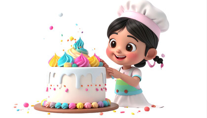 Cartoon Girl Baker Decorating Colorful Cake.