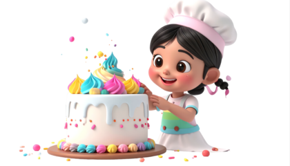 Cartoon Girl Baker Decorating Colorful Cake.