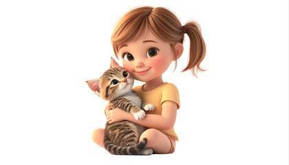 Young girl holding a curious cat with gentle smile.