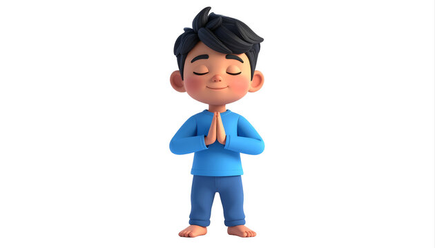 Young boy in blue suit praying with hands together.