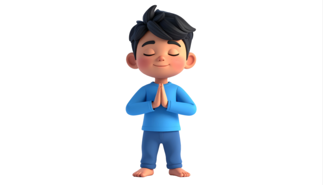 Young boy in blue suit praying with hands together.