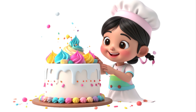 Cartoon Girl Baker Decorating Colorful Cake.