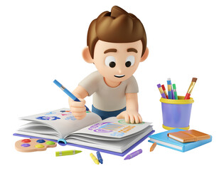 Young boy drawing at desk with colorful pencils and books.