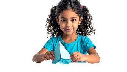 Young girl creating origami sailboat with paper.