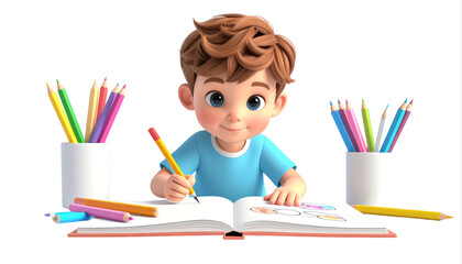 Young boy drawing at table with colorful pencils.