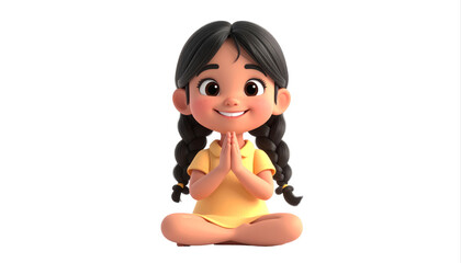 Cartoon Girl Meditating in Lotus Pose.