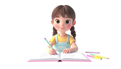 Young girl drawing in notebook with pencil and colors.