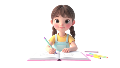 Young girl drawing in notebook with pencil and colors.