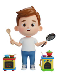 Playful Child Chef Standing Between Toy Kitchen Sets.