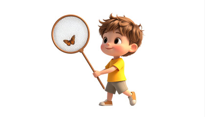 Cartoon boy with butterfly net chasing butterfly in motion.