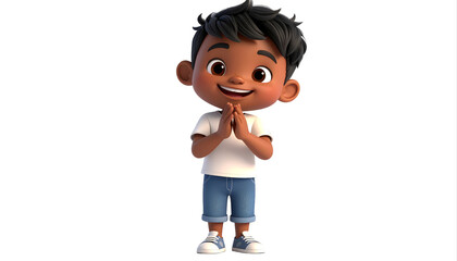 Charming cartoon boy praying with hands together.