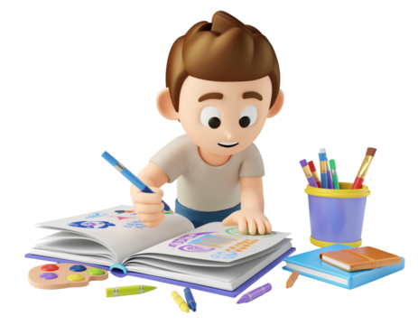 Young boy drawing at desk with colorful pencils and books.
