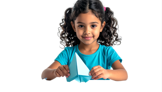 Young girl creating origami sailboat with paper. - Powered by Adobe