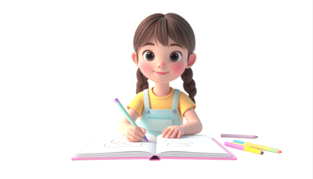 Young girl drawing in notebook with pencil and colors.