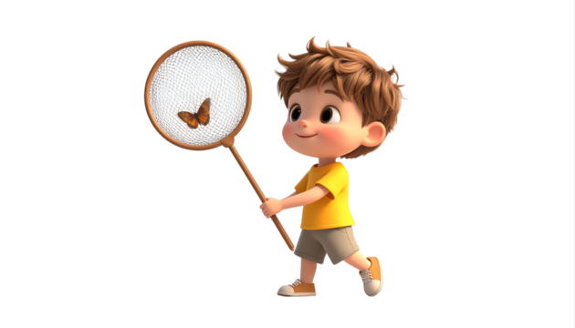 Cartoon boy with butterfly net chasing butterfly in motion.