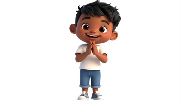 Charming cartoon boy praying with hands together.