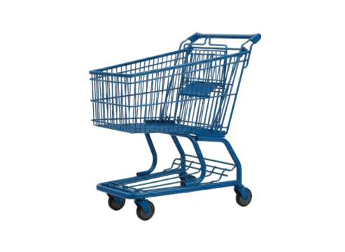 Wireframe Blue Shopping Cart Isolated on Black Background with Transparent Background and Subtle Details