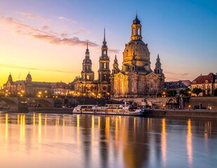 Fototapeta premium Dresden Skyline at Sunset - Frauenkirche and Elbe River Reflection.