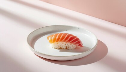 Single piece of sliced salmon nigiri sushi suitable for food blogs, restaurant menus, japanese cuisine articles, and social media posts. 