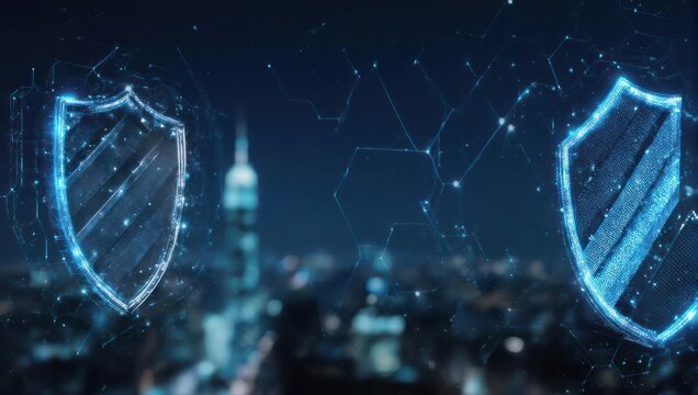 Digital security shields protecting the city skyline from cyber threats.