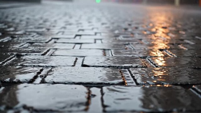 Rain falling on wet cobblestone street with reflections at dusk