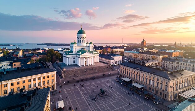 Helsinki Cathedral and Senate Square at Sunset, Finland.