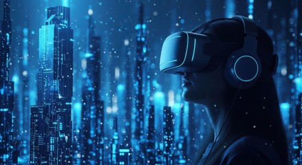 A person wearing a virtual reality headset explores an immersive digital cityscape, symbolizing the future of technology and the metaverse