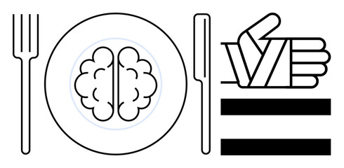 Brain set on a plate with fork, knife, and hand giving thumbs-up, symbolizing mental health, nourishment, positive habits, and intellectual growth. Ideal for psychology, wellness nutrition habits