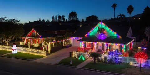 Obraz premium Festive Christmas House Decorations with Vibrant Lights and Snowman on a Suburban Street Evening Scene, Perfect for Holiday Season Greetings and Celebration Themed Designs