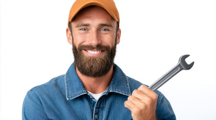 Latin american mechanic smiling with wrench in hand for automotive repair and maintenance theme