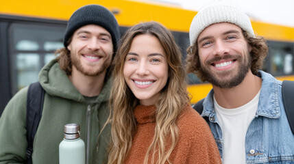 Group of friends enjoying day out in city with smiles and casual winter attire