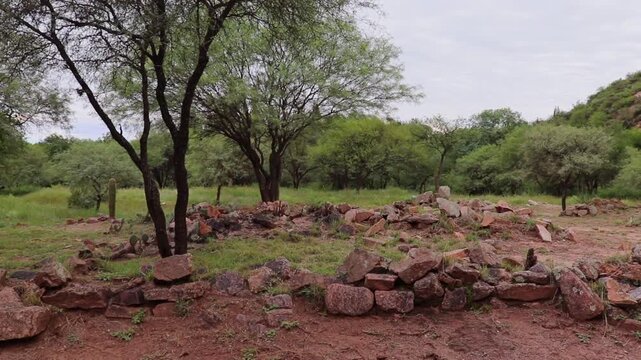 Arqueological site of El Shincal de Quimivil shows historic Inca stone walls and remains of ancient structures surrounded by green forest in Catamarca Argentina