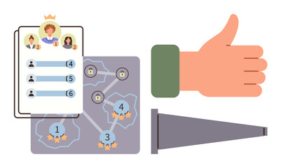 Leaderboard with avatars and points, roadmap with milestones, hand giving thumbs-up, megaphone indicating achievement. Ideal for leadership, teamwork recognition, productivity, rating, goal-setting