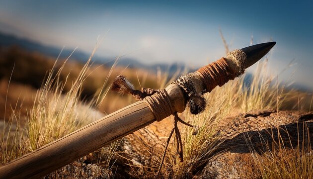 close up of a hand crafted primitive hunting spear with stone tip and natural bindings