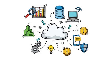 Conceptual cloud computing illustration showcasing interconnected technology solutions and data