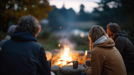 Group relaxing by fire pit after volunteer day in nature