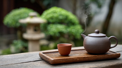Tranquil tea ceremony in serene scholar's courtyard setting