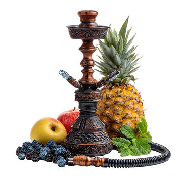 Ornate hookah pipe with fresh tropical fruits and mint leaves