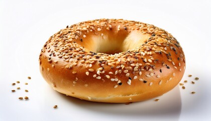 an everything bagel glistens with sesame seeds and spices on a stark white background perfect for illustrating breakfast bakery goods or culinary delights