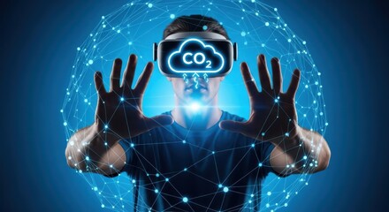 Man in virtual reality headset with co2 cloud, surrounded by a network, symbolizing climate change, environmental impact, and tech solutions