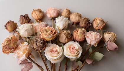 dried vintage roses bouquets with soft pastel colors on neutral background
