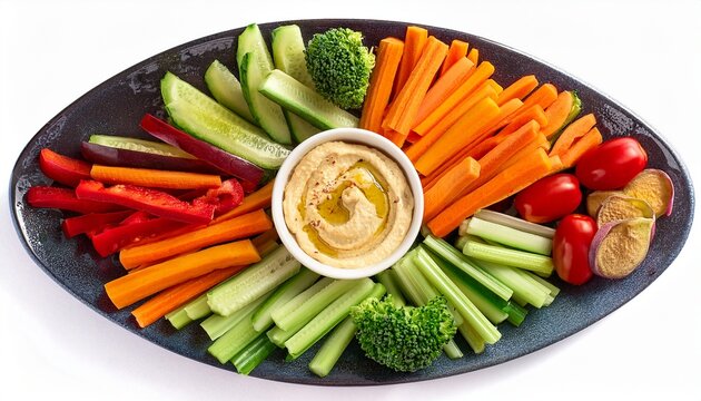 healthy vegetable crudites platter with hummus dip isolated on white background top view