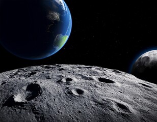 view of earth from the moon surface with craters and dark black background